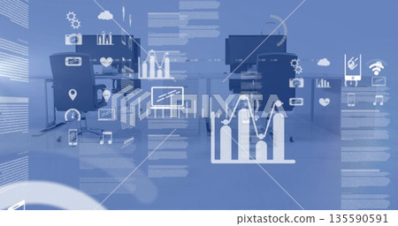 Overlaying analytics charts and icons onto desks and chairs in open-plan office, data visualization 135590591