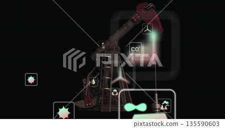 Presenting mechanical pump jack pumping oil in digital void, with neon CO2 turbine recycling icons Presenting mechanical pump jack pumping oil in digital void, with neon CO2 turbine recycling icons 135590603