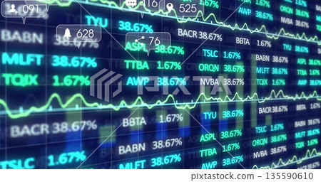 Showing financial dashboard tracking stock tickers and neon graphs, with notification icons 135590610