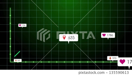 Displaying white callout with red map-pin icon in analytics grid, with green axes, speech bubbles Displaying white callout with red map-pin icon in analytics grid, with green axes, speech bubbles 135590613