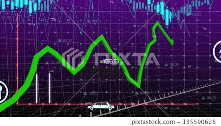 Presenting bright green zigzag trend line rising and falling on trading screen, with neon blue bars Presenting bright green zigzag trend line rising and falling on trading screen, with neon blue bars 135590628