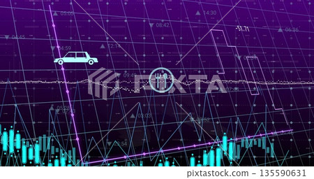 Purple-toned chart displaying magenta trend line on dashboard, with sedan icon, fork-and-knife icon Purple-toned chart displaying magenta trend line on dashboard, with sedan icon, fork-and-knife icon 135590631