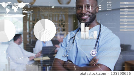 Smiling physician in scrubs, stethoscope in meeting room with laptop, floating overlays, copy space Smiling physician in scrubs, stethoscope in meeting room with laptop, floating overlays, copy space 135590636