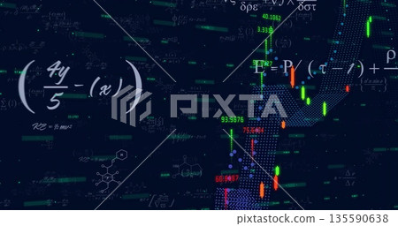 Rising market candlestick chart overlaying screen with math and chemistry diagrams, copy space Rising market candlestick chart overlaying screen with math and chemistry diagrams, copy space 135590638