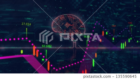 Displaying circuitry brain icon connecting axis in cyberspace, with candlestick bars, numbers Displaying circuitry brain icon connecting axis in cyberspace, with candlestick bars, numbers 135590645