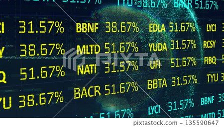 Displaying yellow code rows and percentages over grid lines on data dashboard, with wireframe globe Displaying yellow code rows and percentages over grid lines on data dashboard, with wireframe globe 135590647