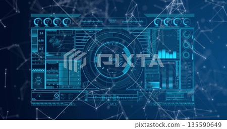 Displaying dashboard interface on virtual screen, with circular gauge and data charts Displaying dashboard interface on virtual screen, with circular gauge and data charts 135590649