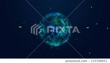Floating wireframe sphere glowing in navy digital space, showing triangular shards and particles 135590651