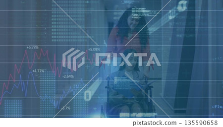 Pushing caregiver moving patient in wheelchair down facility hall, with clipboard and data overlays 135590658