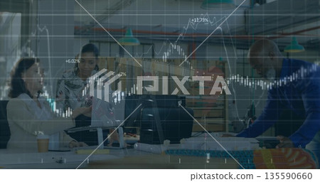 Colleagues reviewing printed documents and pointing at laptop in office, with stock chart overlay Colleagues reviewing printed documents and pointing at laptop in office, with stock chart overlay 135590660