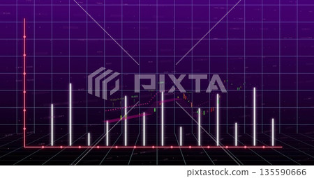 Displaying neon-themed candlestick bars in 3D grid environment showing pink trend line 135590666