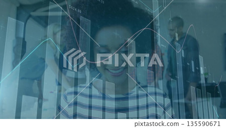 Smiling curly-haired woman in striped top analyzing financial data on screen in office, with charts Smiling curly-haired woman in striped top analyzing financial data on screen in office, with charts 135590671