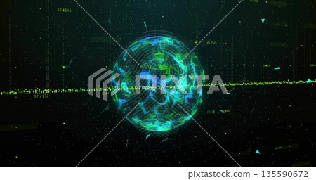 Floating neon polygonal sphere intersecting horizontal dataflow in cyberspace with numeric labels Floating neon polygonal sphere intersecting horizontal dataflow in cyberspace with numeric labels 135590672