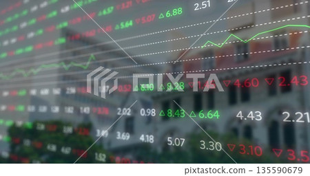 Displaying stock prices on office glass, with green up and red down triangles, dotted trend line Displaying stock prices on office glass, with green up and red down triangles, dotted trend line 135590679