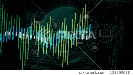 Displaying data waveform bars around wireframe globe in dark digital interface, with icon overlays Displaying data waveform bars around wireframe globe in dark digital interface, with icon overlays 135590688