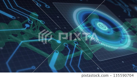Displaying green spheres linked by rods floating on dark grid with blue circuits, holographic panel Displaying green spheres linked by rods floating on dark grid with blue circuits, holographic panel 135590704