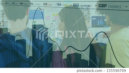 Five coworkers examining glass whiteboard in office meeting, sticky notes digital overlay 135590709
