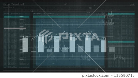 Showing dashboard overlaying bar chart and line graph at data terminal, code windows waveform plot Showing dashboard overlaying bar chart and line graph at data terminal, code windows waveform plot 135590713