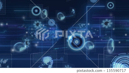 Rotating circular interface element in virtual space with panels, network lines, glowing particles 135590717