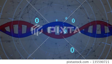 Stylized red and blue DNA helix hovering amid network nodes, with floating binary digits and rings 135590721