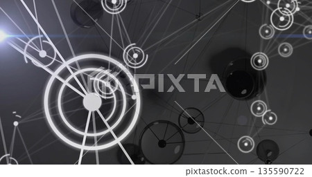 Glowing circular node emitting light in abstract space, with rings, lines and faint lens flares Glowing circular node emitting light in abstract space, with rings, lines and faint lens flares 135590722