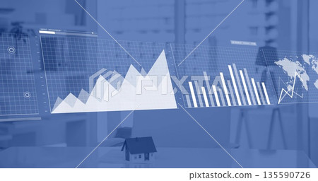 Displaying semi-transparent line, bar and map panels over office desk, featuring mini house model 135590726