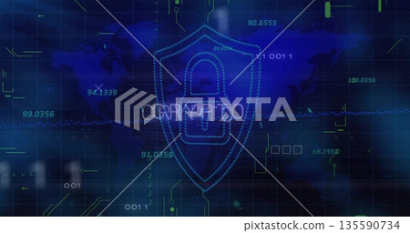 Showing CRYPTO shield with padlock on blue network, grid lines and floating codes over world map Showing CRYPTO shield with padlock on blue network, grid lines and floating codes over world map 135590734