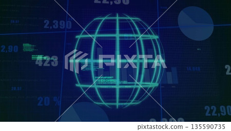 Floating wireframe globe rotating in analytics panel with bar and pie segments and numeric overlays 135590735