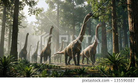那是巨型草食恐龍腕龍（以高大樹木的葉子為食）和古代恐龍霸王龍生活的時代，那時刮著雄偉的風。 135590887