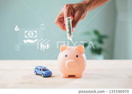 global growth economy money finance market piggy bank financial invest, hand puts cash inside for family security, buying blue toy car, family insurance icons on wooden table global growth economy money finance market piggy bank financial invest, hand puts cash inside for family security, buying blue toy car, family insurance icons on wooden table 135590970
