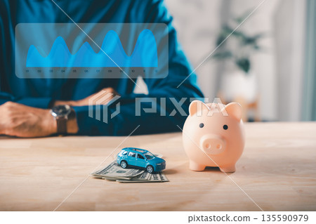 Piggy bank, money and car for gdp, savings, insurance, finance, health budget to save global economy, while person monitors visual data graph for investment and economic growth 135590979