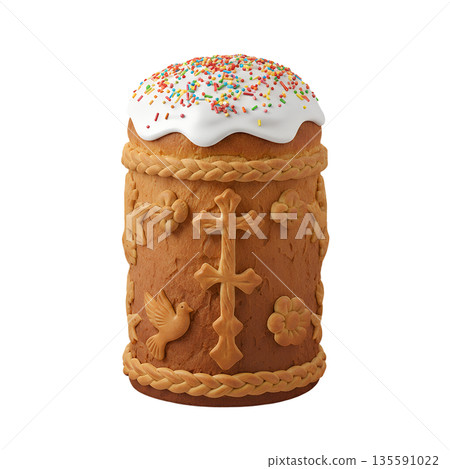 Traditional orthodox easter kulich cake with white icing and decorative dough elements, isolated on transparent background. Perfect for holiday baking and cultural content Traditional orthodox easter kulich cake with white icing and decorative dough elements, isolated on transparent background. Perfect for holiday baking and cultural content 135591022