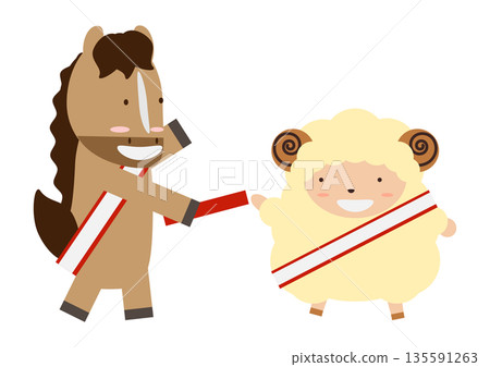 一幅可愛的生肖接力插畫,從馬到羊。 一幅可愛的生肖接力插畫,從馬到羊。 135591263