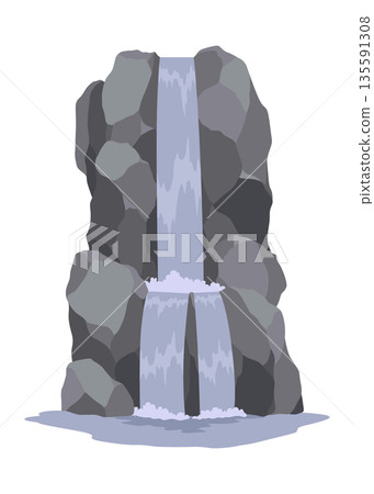 Cartoon river cascade waterfall. Landscape with mountains and trees. Design element for travel brochure or illustration mobile game. Fresh natural water Cartoon river cascade waterfall. Landscape with mountains and trees. Design element for travel brochure or illustration mobile game. Fresh natural water 135591308