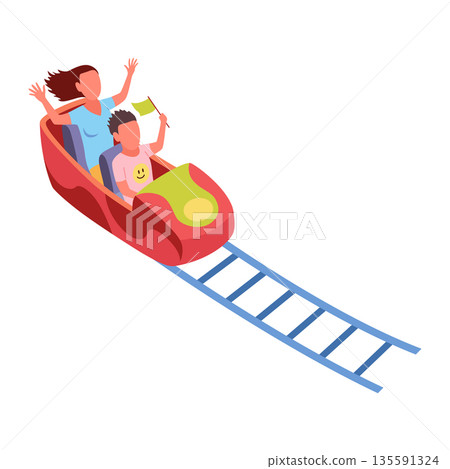 Roller coaster happy people. Rollercoaster. Friends riding in amusement park have fun positive emotion, park attractions. Young people having fun and enjoyment, cartoon vector illustration Roller coaster happy people. Rollercoaster. Friends riding in amusement park have fun positive emotion, park attractions. Young people having fun and enjoyment, cartoon vector illustration 135591324