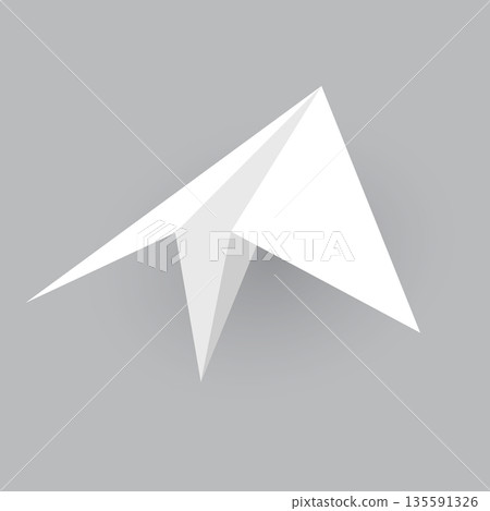 Paper plane model. Origami handmade aircraft view. Vector white paper airplane with shadow, isolated on gray background Paper plane model. Origami handmade aircraft view. Vector white paper airplane with shadow, isolated on gray background 135591326