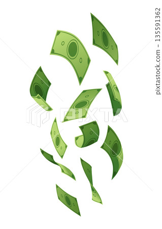 Cartoon money. Paper cash, bills fly. Keeping money in bank. Green banknotes wealth, accumulation and inheritance. Flat vector money illustration. Objects isolated on white background 135591362