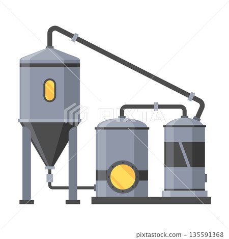 Brewery. Vintage brewing machine concept. Beer making process equipment, machinery symbol suitable for game asset, infographic or book print. Isolated vector illustration 135591368