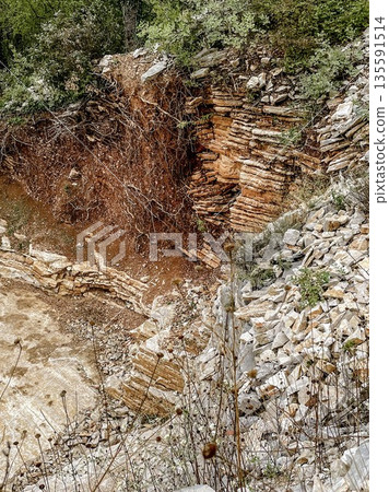 Striking Geological Formation Showcasing Exposed Layers and Rich Vegetation Thriving Nearby 135591514