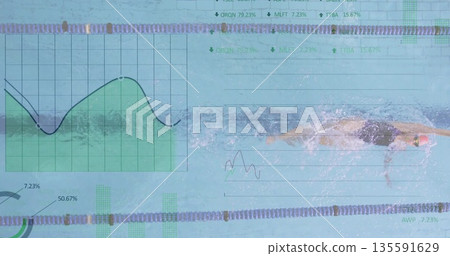 Swimming athlete wearing red cap doing front crawl at pool with chart data overlay, copy space Swimming athlete wearing red cap doing front crawl at pool with chart data overlay, copy space 135591629
