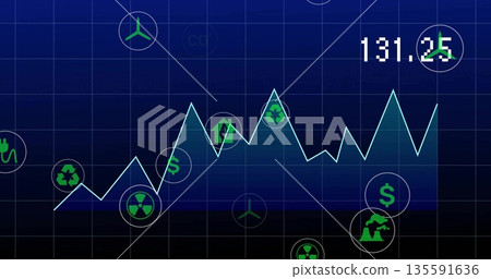 Displaying jagged cyan trend line graph on navy dashboard, with eco icons and digital readout 135591636