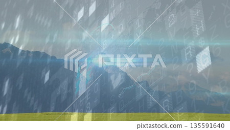 Showing mountain peaks rising above grassy meadow under blue sky featuring code overlay and flares Showing mountain peaks rising above grassy meadow under blue sky featuring code overlay and flares 135591640