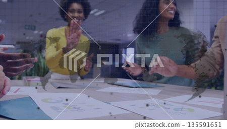 Five staff in business attire applauding in meeting room, with printed charts and world map overlay Five staff in business attire applauding in meeting room, with printed charts and world map overlay 135591651
