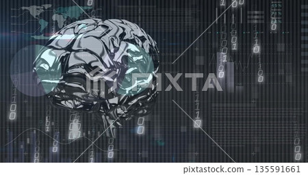 Rotating metallic 3D brain floating in dark grid, with binary code, holographic charts, world map 135591661