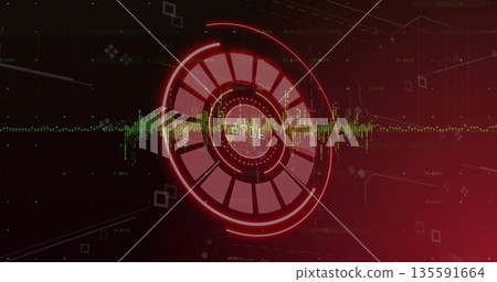 Central red circular HUD element glowing in interface display, with green waveform and data nodes Central red circular HUD element glowing in interface display, with green waveform and data nodes 135591664