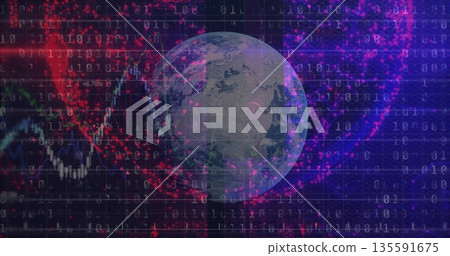 Rotating Earth globe showing data streams in tech grid, with binary code and red clusters 135591675