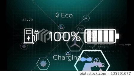 Showing 5-segment battery at 100% on dashboard featuring Eco icon, green icons and code snippets 135591677