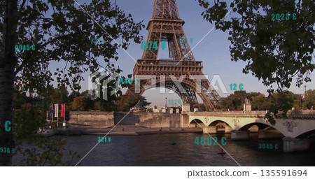 Showcasing Eiffel Tower rising behind riverside trees, Seine flowing under bridge with money values Showcasing Eiffel Tower rising behind riverside trees, Seine flowing under bridge with money values 135591694