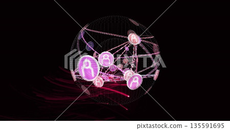Glowing digital wireframe globe spinning in cyberspace, with floating profile icons, network lines 135591695