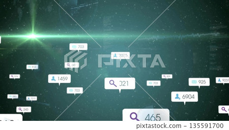 Floating notification bubbles displaying search envelope user icons in green starfield, with counts 135591700